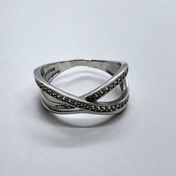 IBB CN 925 Sterling Silver Unique Gemstone Crisscross Design Ring - Size 9 - Picture 2 of 8